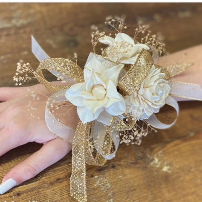 DFF001 Dried Flowers Wedding Ivory White & Gold Prom Corsage